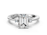 White gold Emerald Cut Three-Stone Solitaire Ring with Round Accent Diamonds and Four-Prong Setting_50