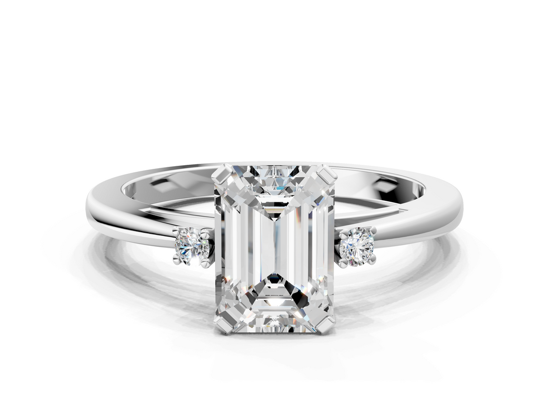 White gold Emerald Cut Three-Stone Solitaire Ring with Round Accent Diamonds and Four-Prong Setting_61