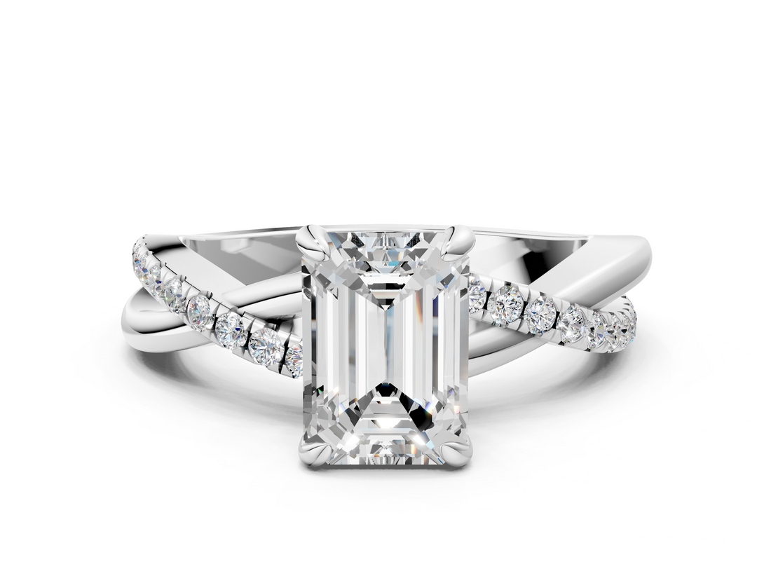 White gold Emerald Cut Twist Band Solitaire Diamond Ring with Pavé Setting_38