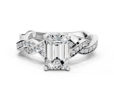 White gold Emerald Cut Twisted Pavé Band Solitaire Ring with Four-Prong Setting_104