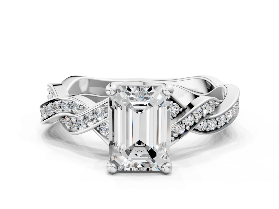 White gold Emerald Cut Twisted Pavé Band Solitaire Ring with Four-Prong Setting_104