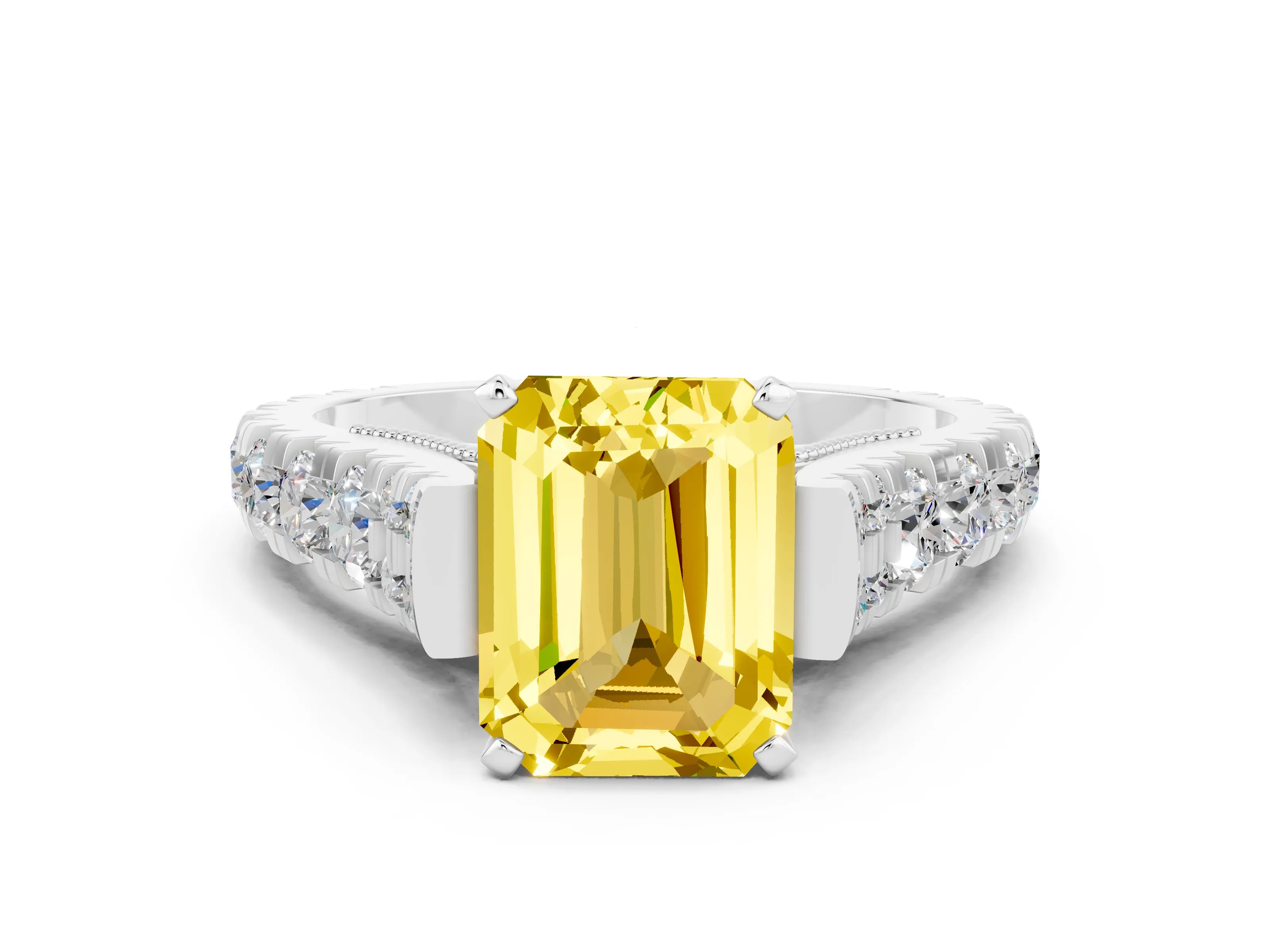 White gold Emerald Cut Yellow Sapphire Classic Solitaire Ring with Pavé Band and Four-Prong Setting_12