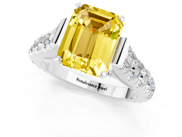 White gold Emerald Cut Yellow Sapphire Classic Solitaire Ring with Pavé Band and Four-Prong Setting