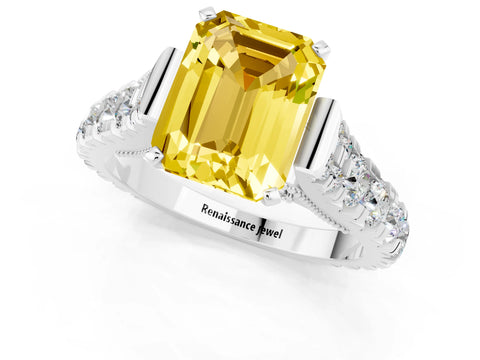 White gold Emerald Cut Yellow Sapphire Classic Solitaire Ring with Pavé Band and Four-Prong Setting_13