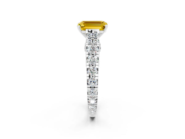 Platinum Emerald Cut Yellow Sapphire Classic Solitaire Ring with Pavé Band and Four-Prong Setting