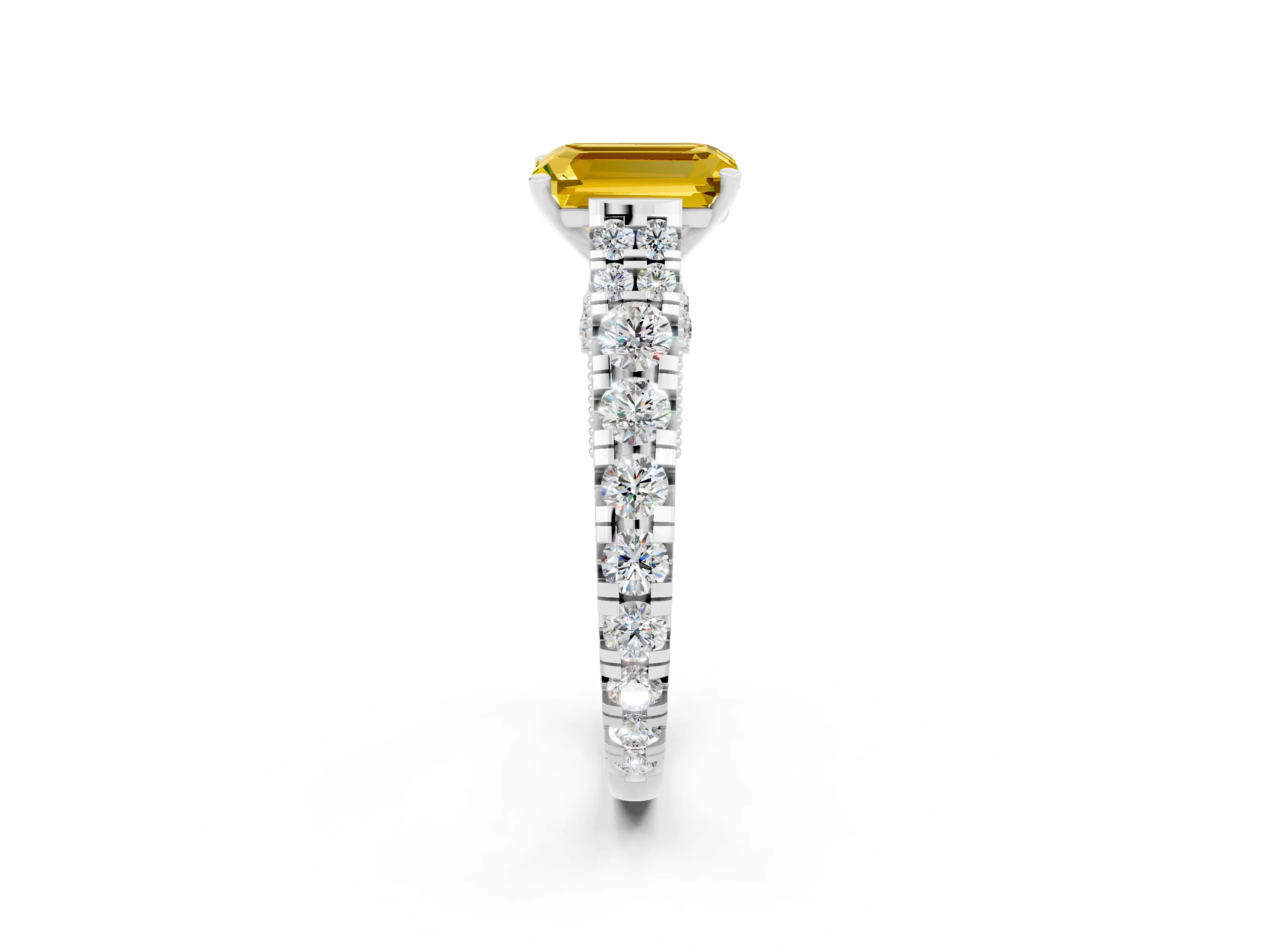 White gold Emerald Cut Yellow Sapphire Classic Solitaire Ring with Pavé Band and Four-Prong Setting_14