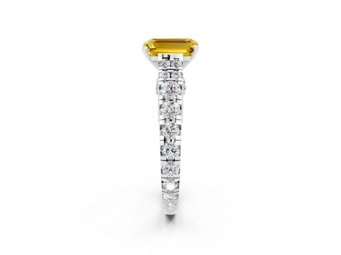 White gold Emerald Cut Yellow Sapphire Classic Solitaire Ring with Pavé Band and Four-Prong Setting_14