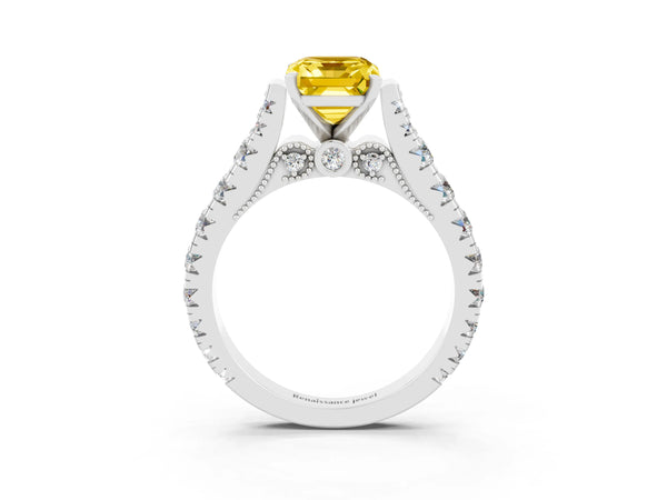 White gold Emerald Cut Yellow Sapphire Classic Solitaire Ring with Pavé Band and Four-Prong Setting