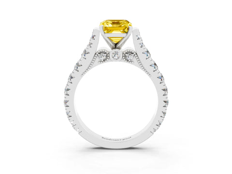 White gold Emerald Cut Yellow Sapphire Classic Solitaire Ring with Pavé Band and Four-Prong Setting_15