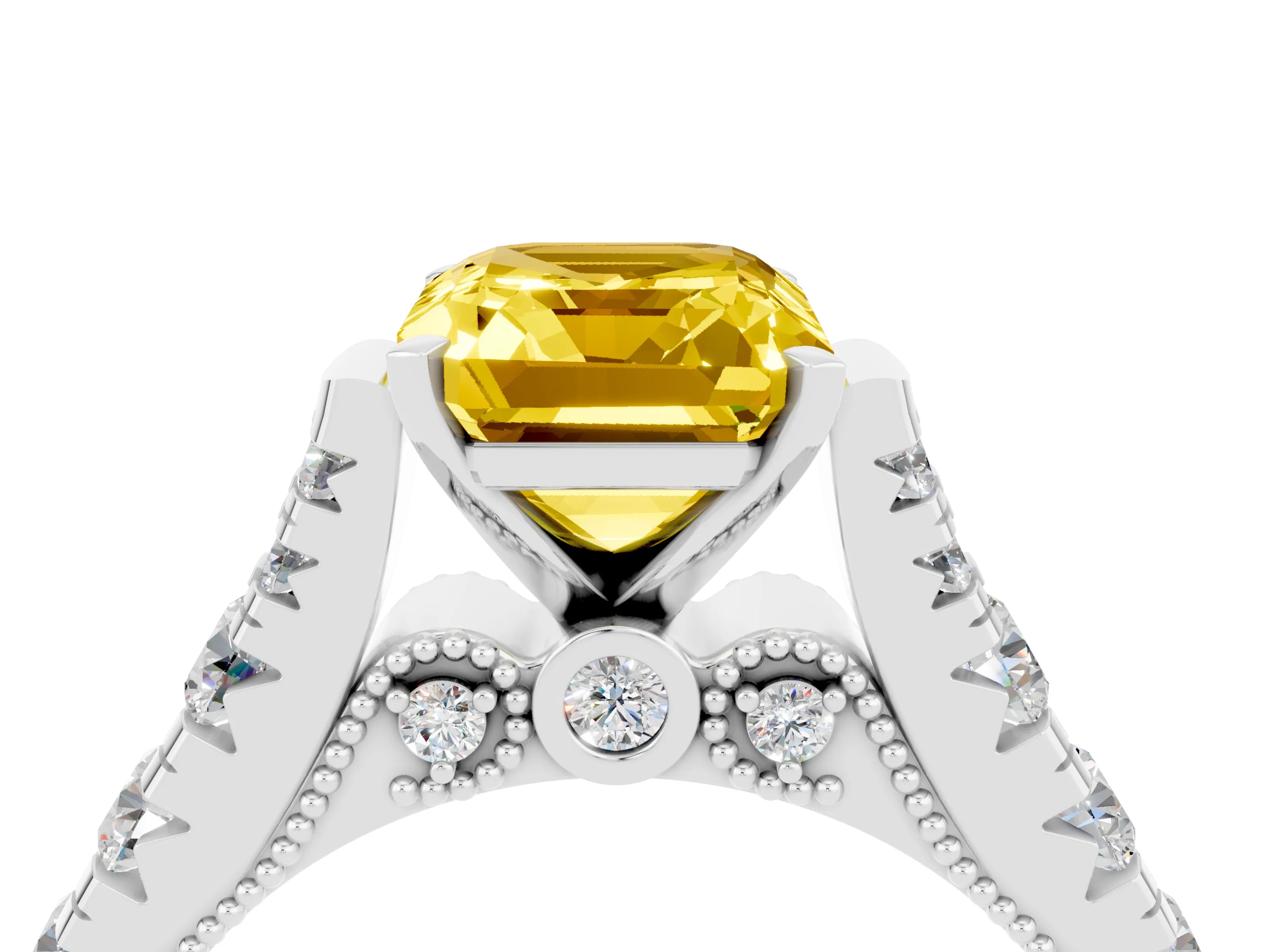 White gold Emerald Cut Yellow Sapphire Classic Solitaire Ring with Pavé Band and Four-Prong Setting_16