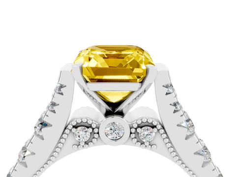 White gold Emerald Cut Yellow Sapphire Classic Solitaire Ring with Pavé Band and Four-Prong Setting_16