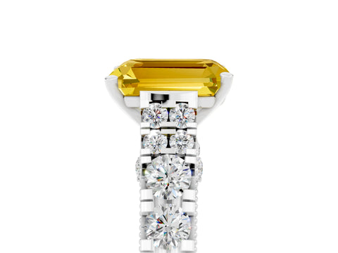 White gold Emerald Cut Yellow Sapphire Classic Solitaire Ring with Pavé Band and Four-Prong Setting_17
