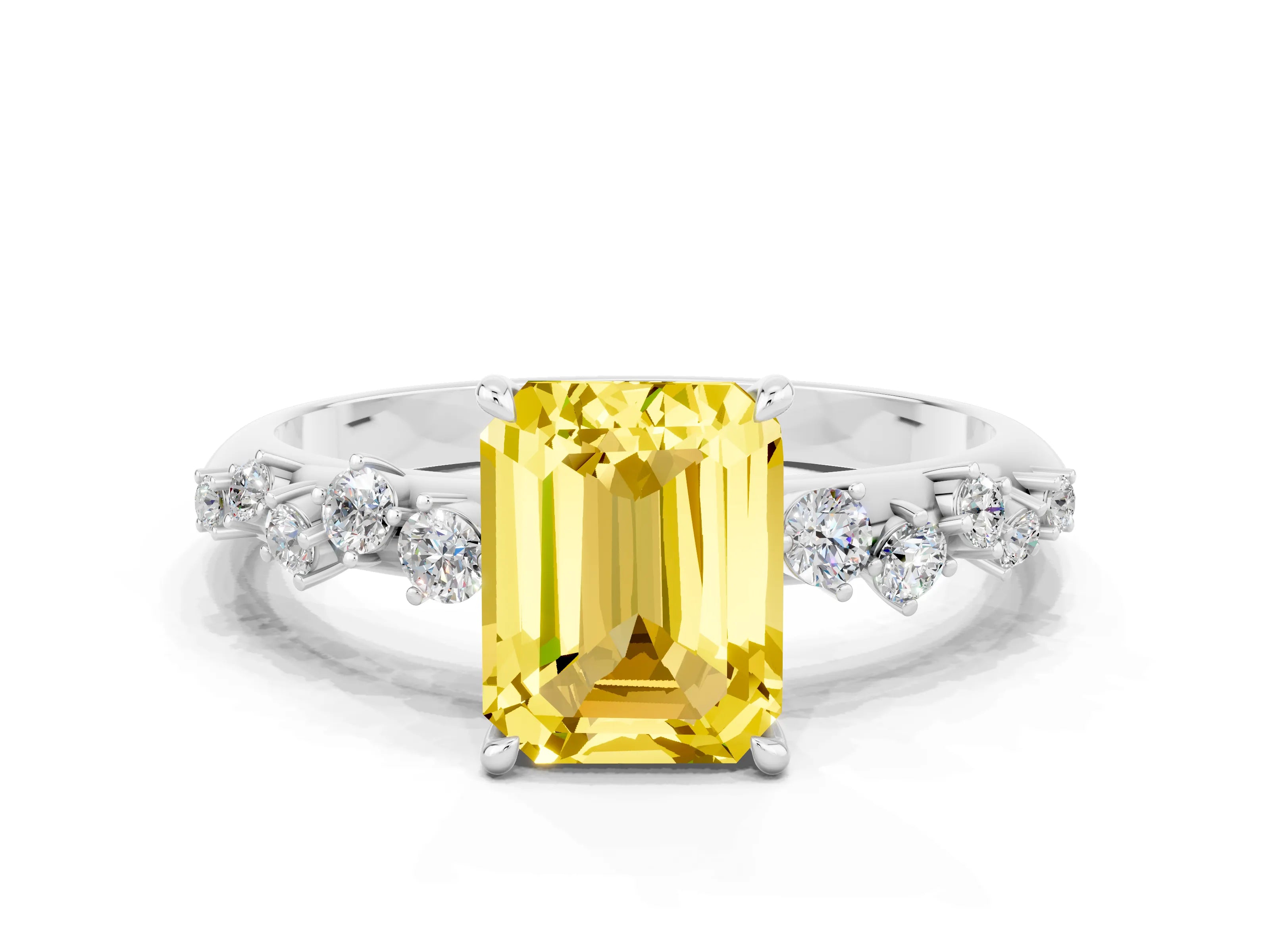 White gold Emerald Cut Yellow Sapphire Cluster Side Stone Solitaire Ring with Prong Setting_48
