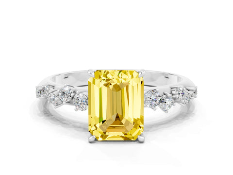 White gold Emerald Cut Yellow Sapphire Cluster Side Stone Solitaire Ring with Prong Setting_48