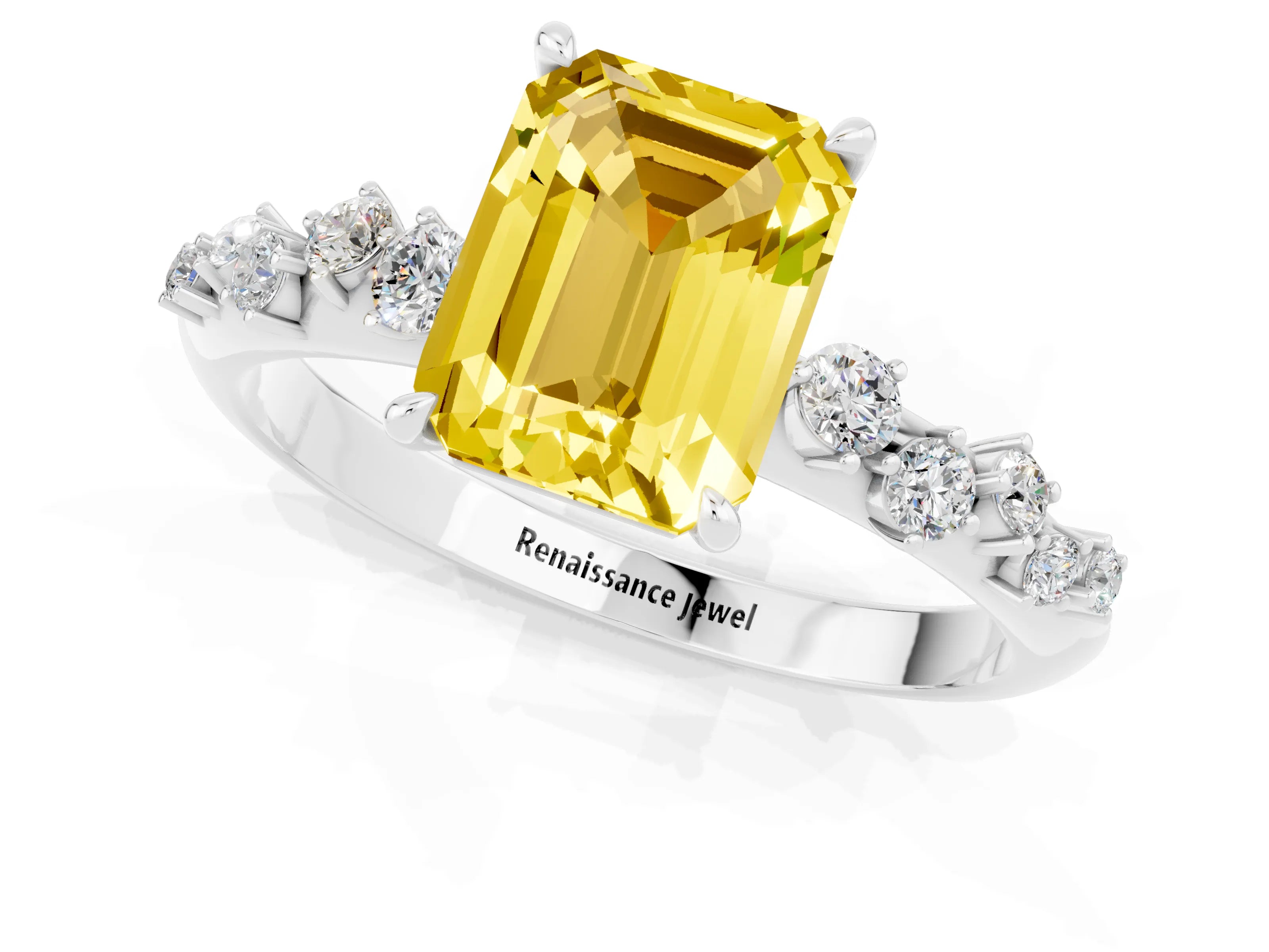 White gold Emerald Cut Yellow Sapphire Cluster Side Stone Solitaire Ring with Prong Setting_49