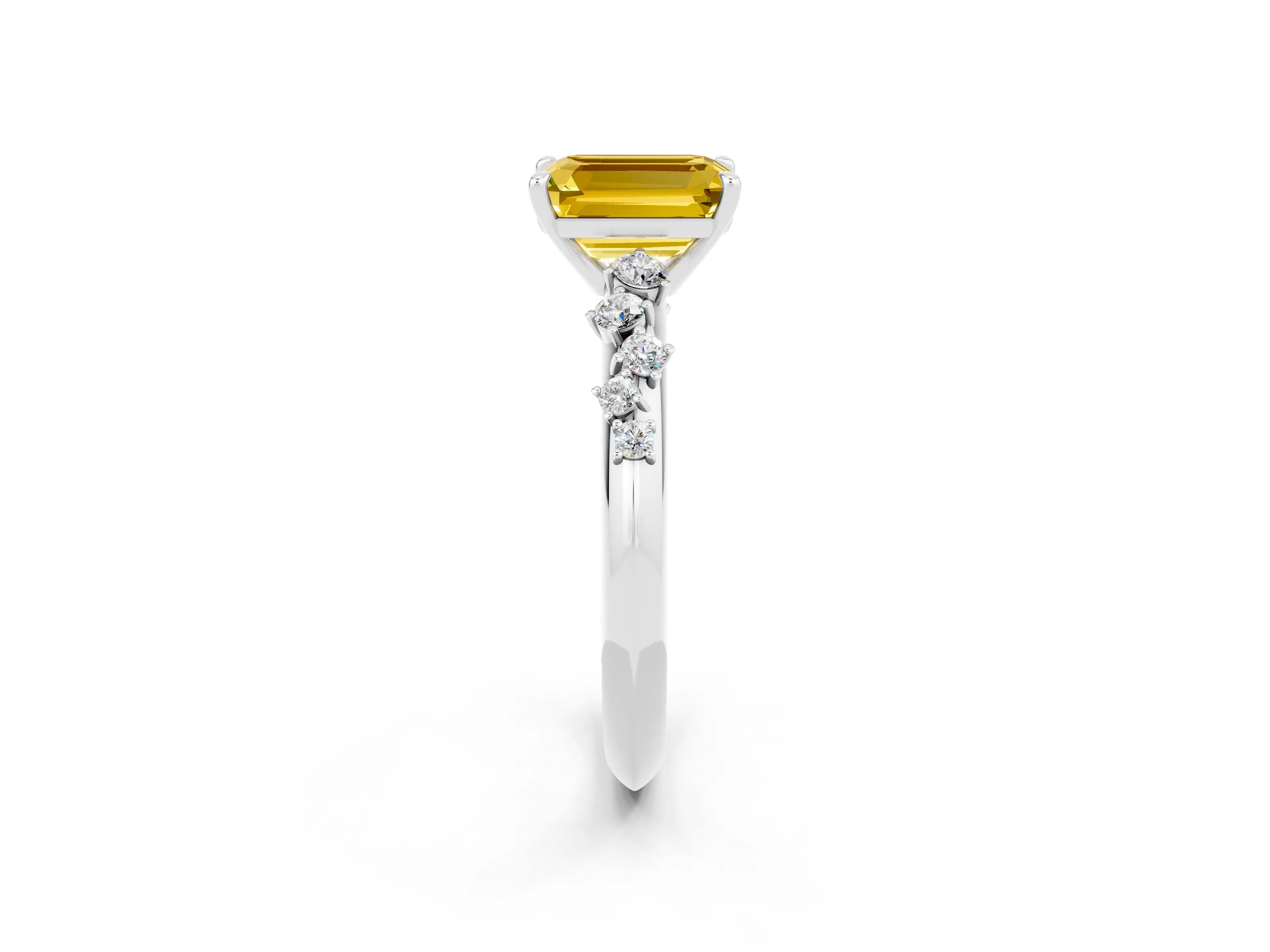 White gold Emerald Cut Yellow Sapphire Cluster Side Stone Solitaire Ring with Prong Setting_50