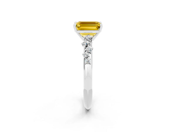 Silver Emerald Cut Yellow Sapphire Cluster Side Stone Solitaire Ring with Prong Setting