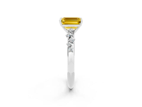 White gold Emerald Cut Yellow Sapphire Cluster Side Stone Solitaire Ring with Prong Setting_50