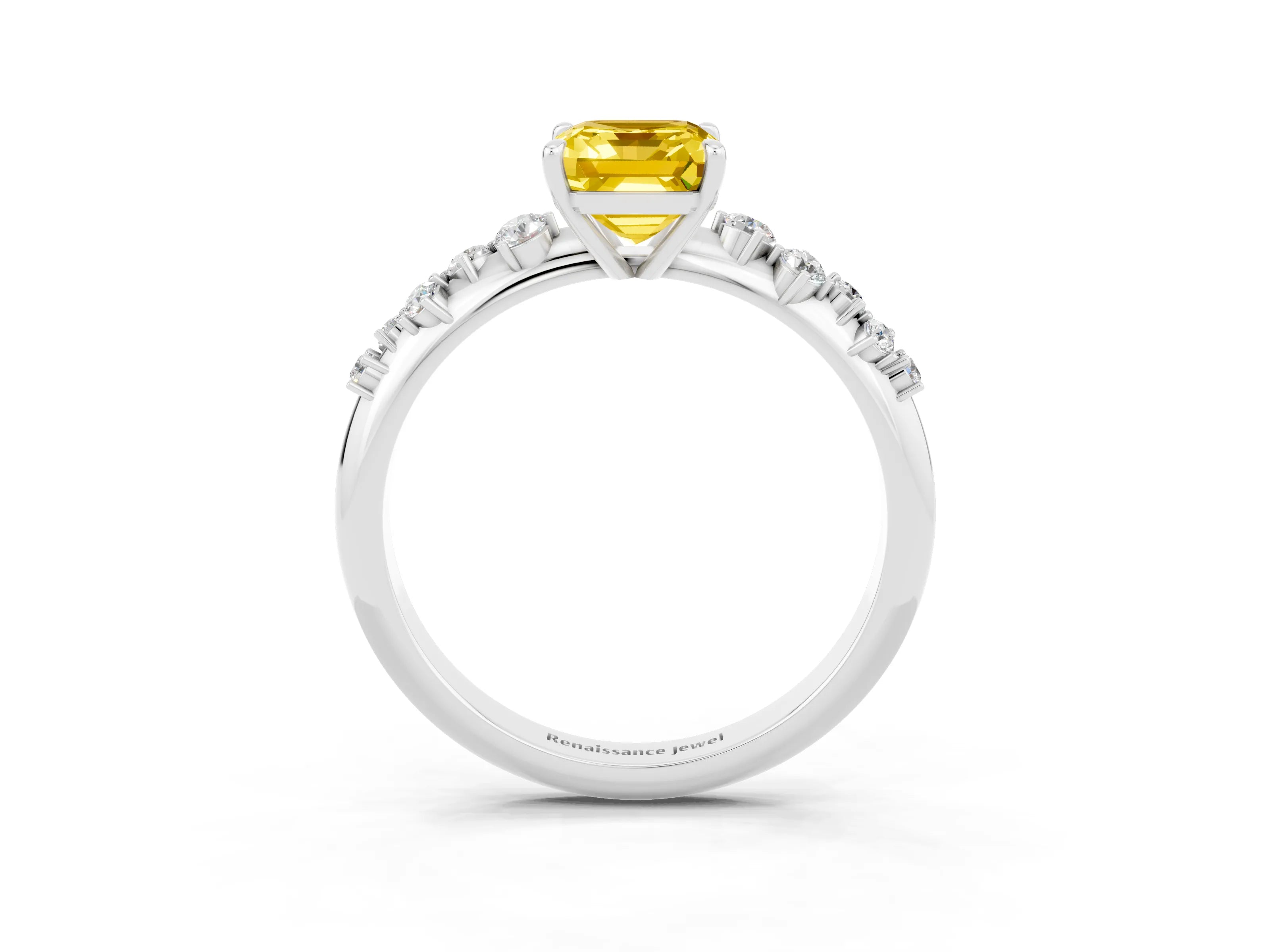 White gold Emerald Cut Yellow Sapphire Cluster Side Stone Solitaire Ring with Prong Setting_51