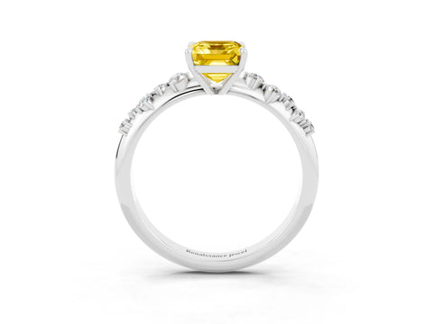White gold Emerald Cut Yellow Sapphire Cluster Side Stone Solitaire Ring with Prong Setting_51