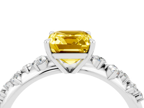 White gold Emerald Cut Yellow Sapphire Cluster Side Stone Solitaire Ring with Prong Setting_52