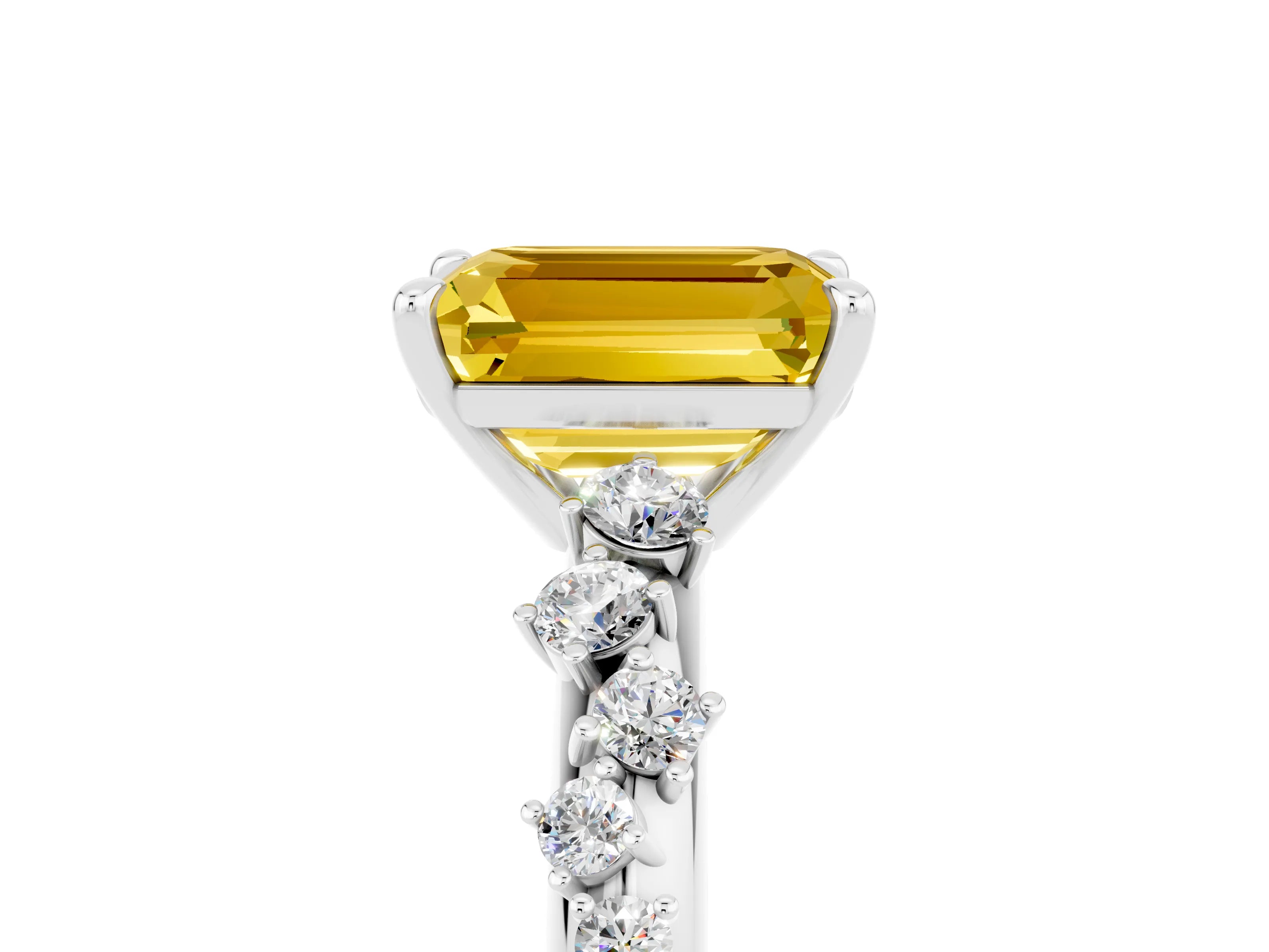 White gold Emerald Cut Yellow Sapphire Cluster Side Stone Solitaire Ring with Prong Setting_53