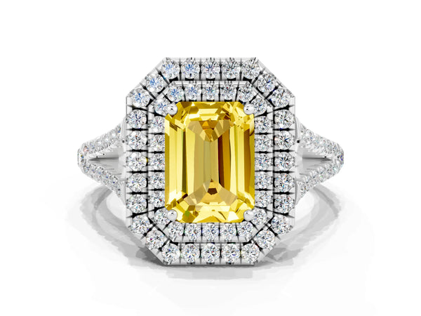Platinum Emerald Cut Yellow Sapphire Double Halo Ring with Pavé Band and Prong Setting