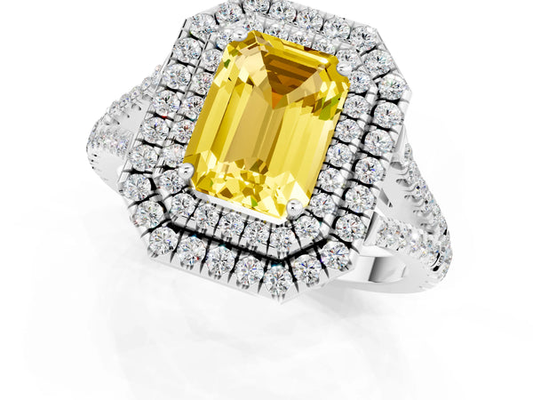 White gold Emerald Cut Yellow Sapphire Double Halo Ring with Pavé Band and Prong Setting