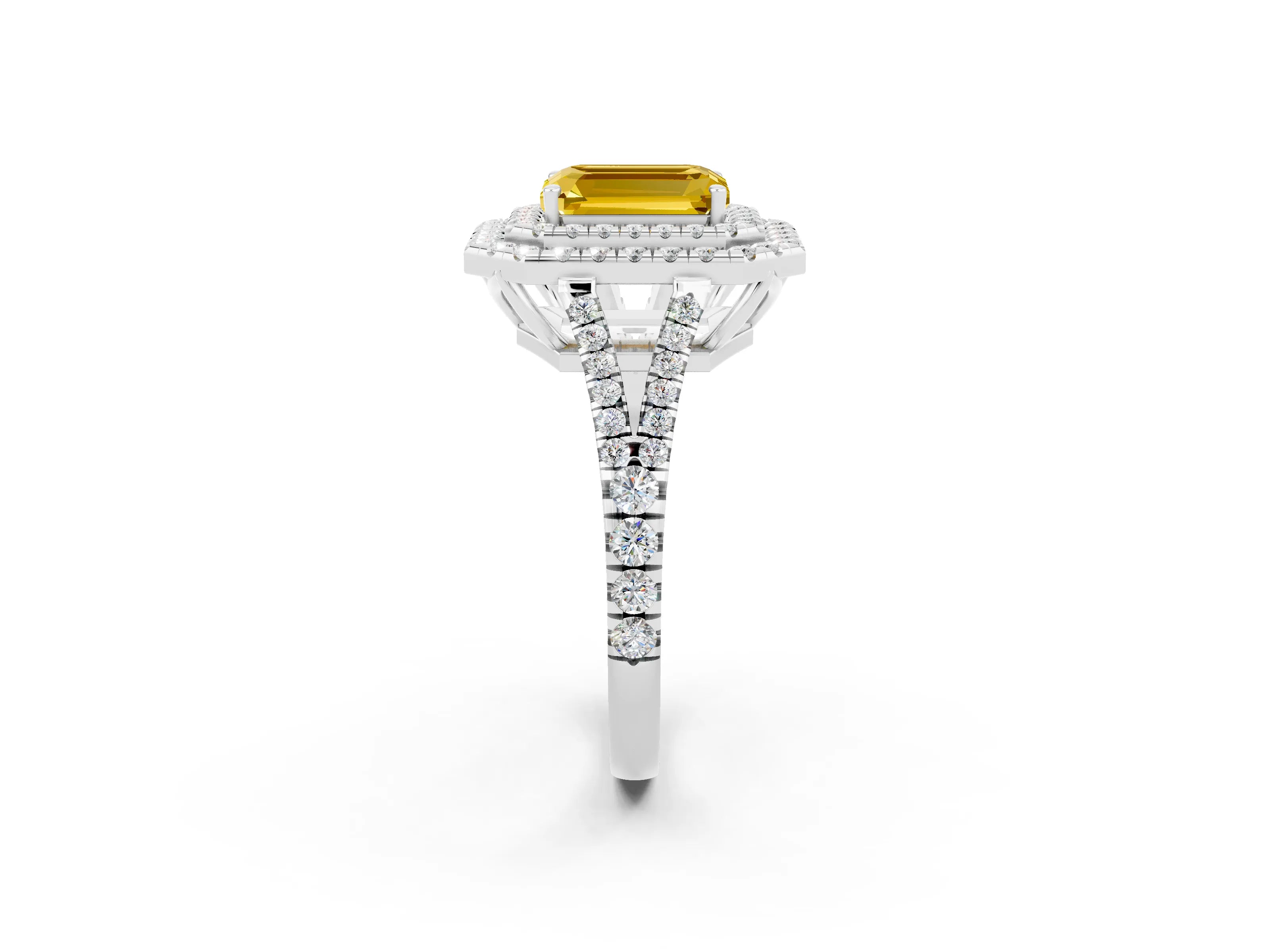 White gold Emerald Cut Yellow Sapphire Double Halo Ring with Pavé Band and Prong Setting_14