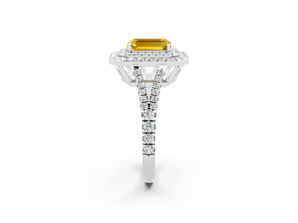 White gold Emerald Cut Yellow Sapphire Double Halo Ring with Pavé Band and Prong Setting