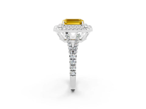 White gold Emerald Cut Yellow Sapphire Double Halo Ring with Pavé Band and Prong Setting_14