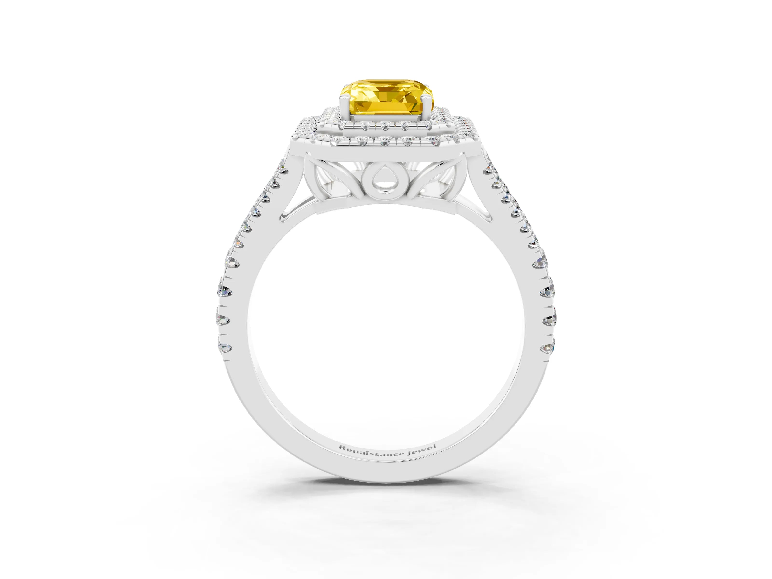 White gold Emerald Cut Yellow Sapphire Double Halo Ring with Pavé Band and Prong Setting_15