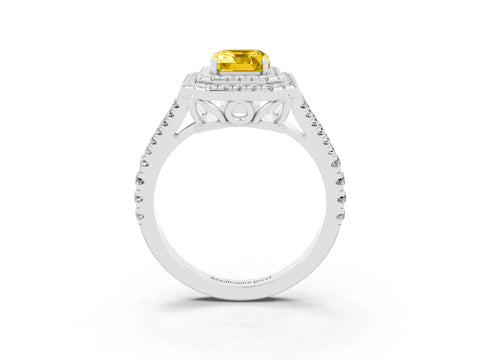 White gold Emerald Cut Yellow Sapphire Double Halo Ring with Pavé Band and Prong Setting_15
