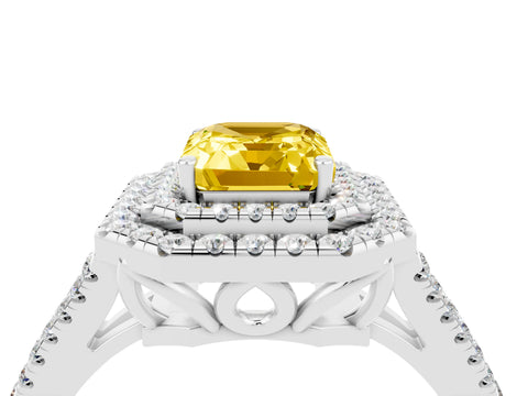 White gold Emerald Cut Yellow Sapphire Double Halo Ring with Pavé Band and Prong Setting_16