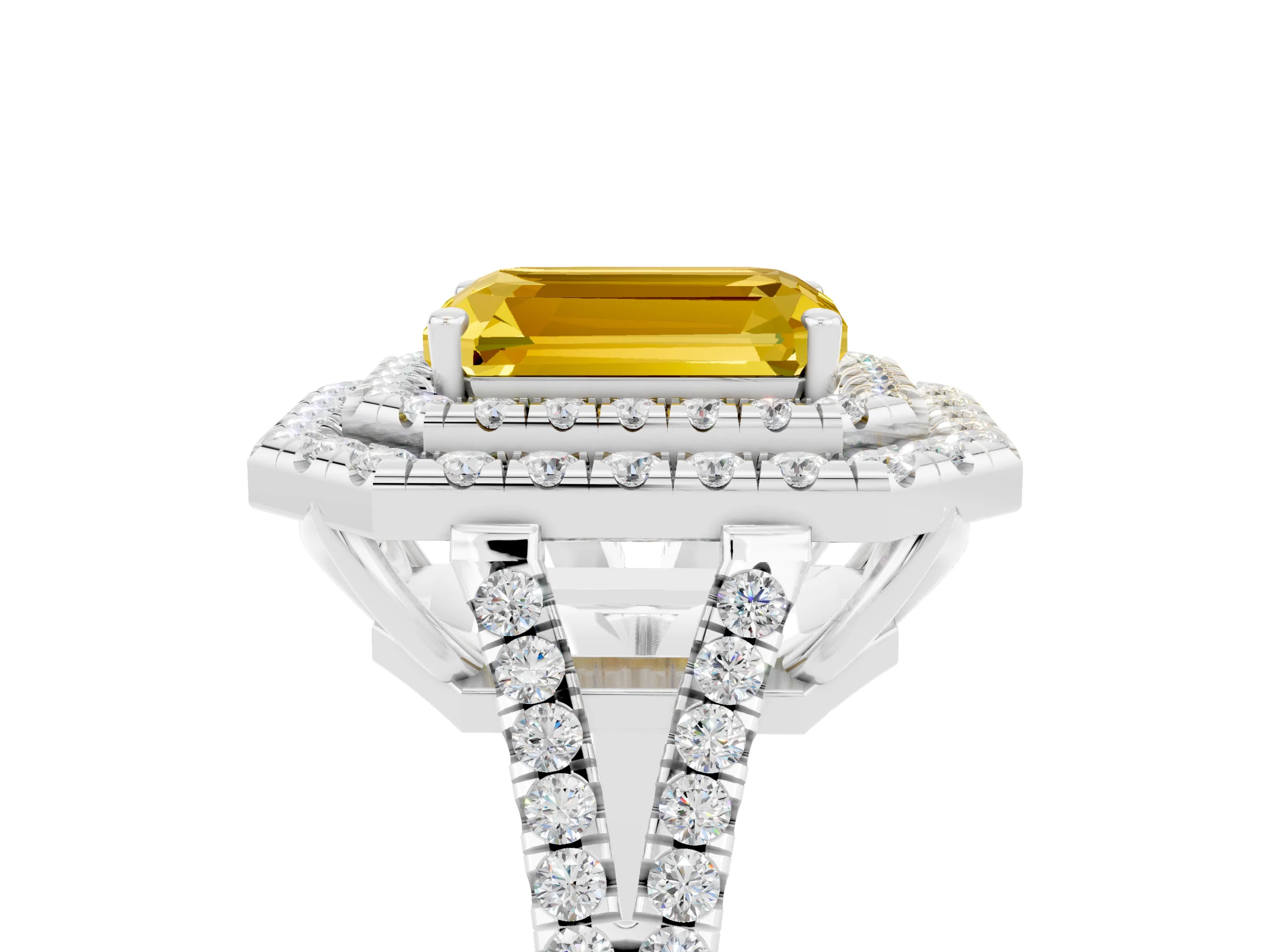 White gold Emerald Cut Yellow Sapphire Double Halo Ring with Pavé Band and Prong Setting_17