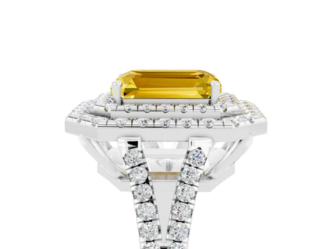 White gold Emerald Cut Yellow Sapphire Double Halo Ring with Pavé Band and Prong Setting_17