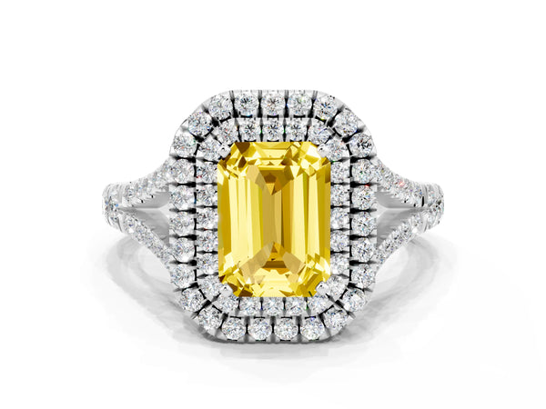 Platinum Emerald Cut Yellow Sapphire Double Halo Ring with Split Shank and Prong Setting
