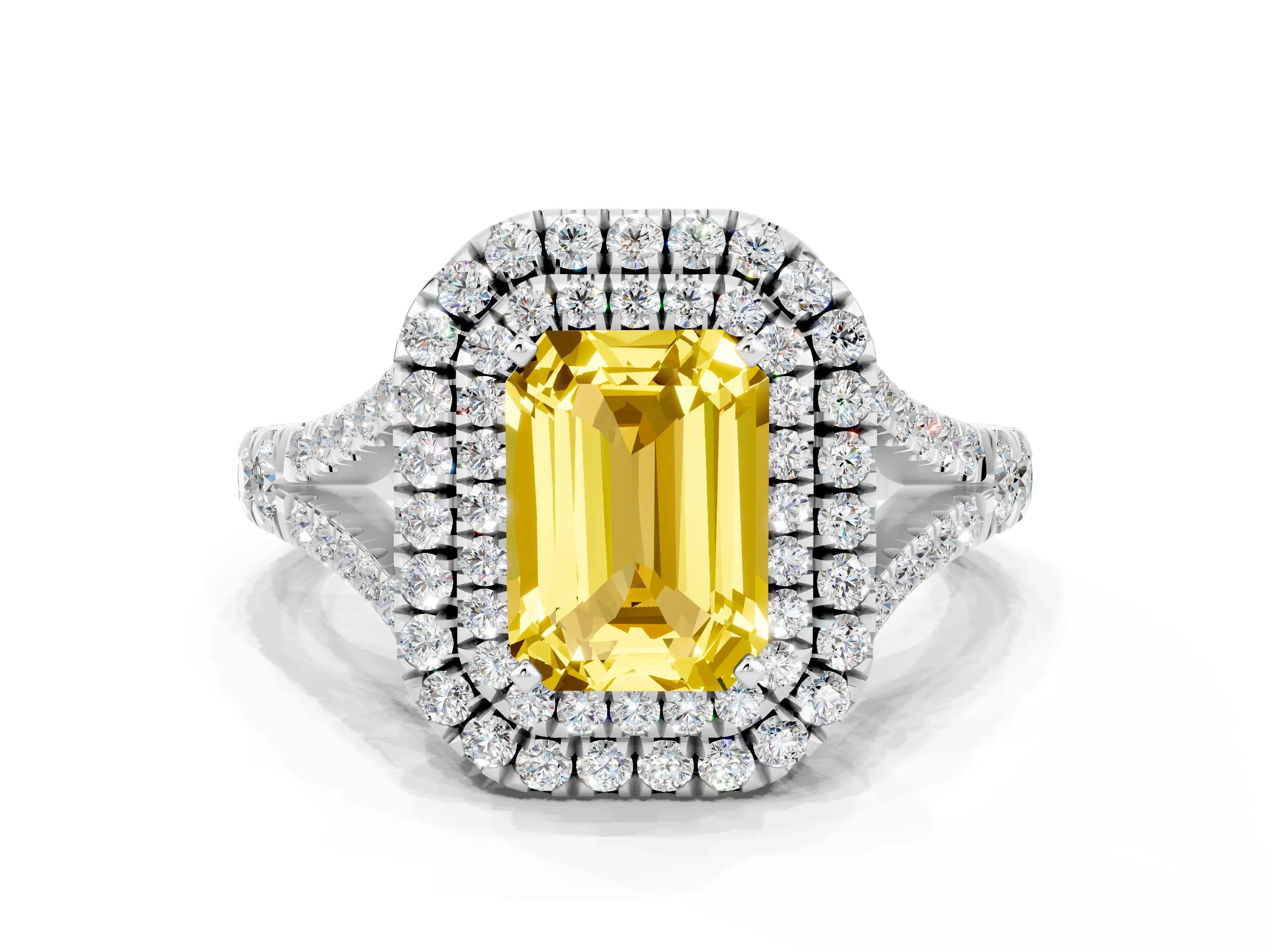 White gold Emerald Cut Yellow Sapphire Double Halo Ring with Split Shank and Prong Setting_36