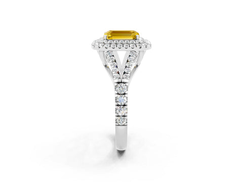 White gold Emerald Cut Yellow Sapphire Double Halo Ring with Split Shank and Prong Setting_38