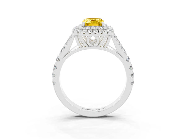 Platinum Emerald Cut Yellow Sapphire Double Halo Ring with Split Shank and Prong Setting