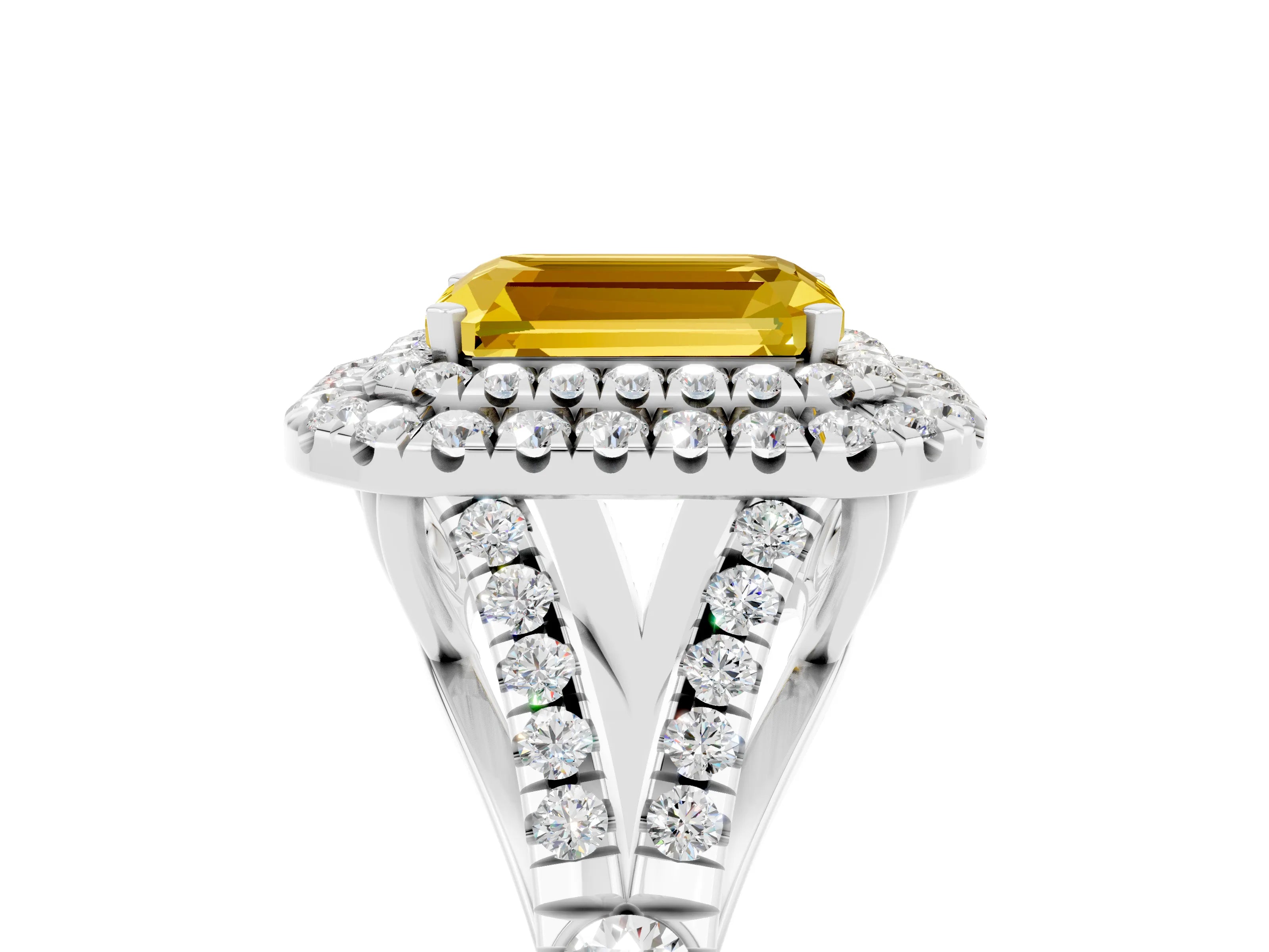 White gold Emerald Cut Yellow Sapphire Double Halo Ring with Split Shank and Prong Setting_41