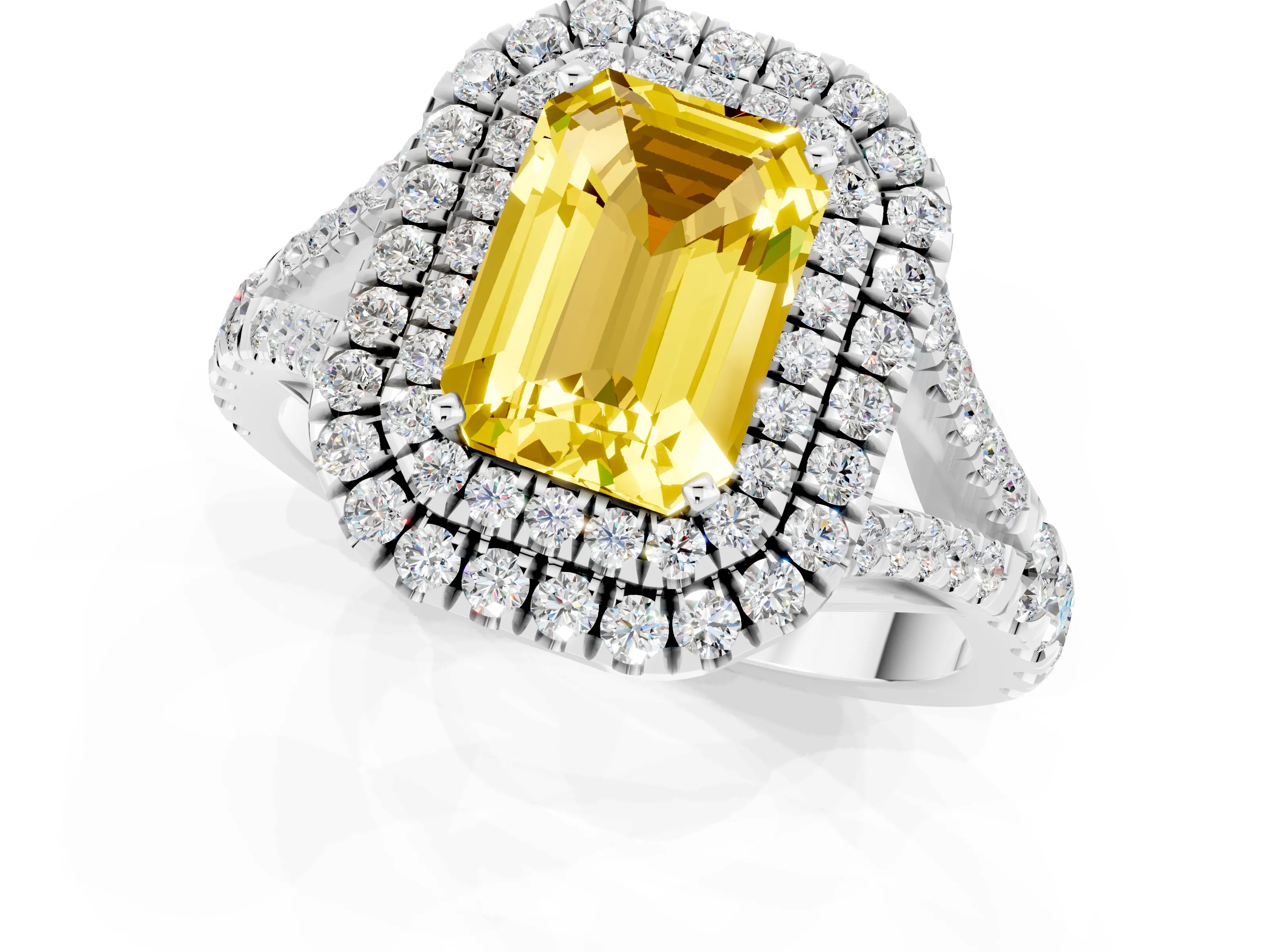 White gold Emerald Cut Yellow Sapphire Double Halo Ring with Split Shank and Prong Setting_45