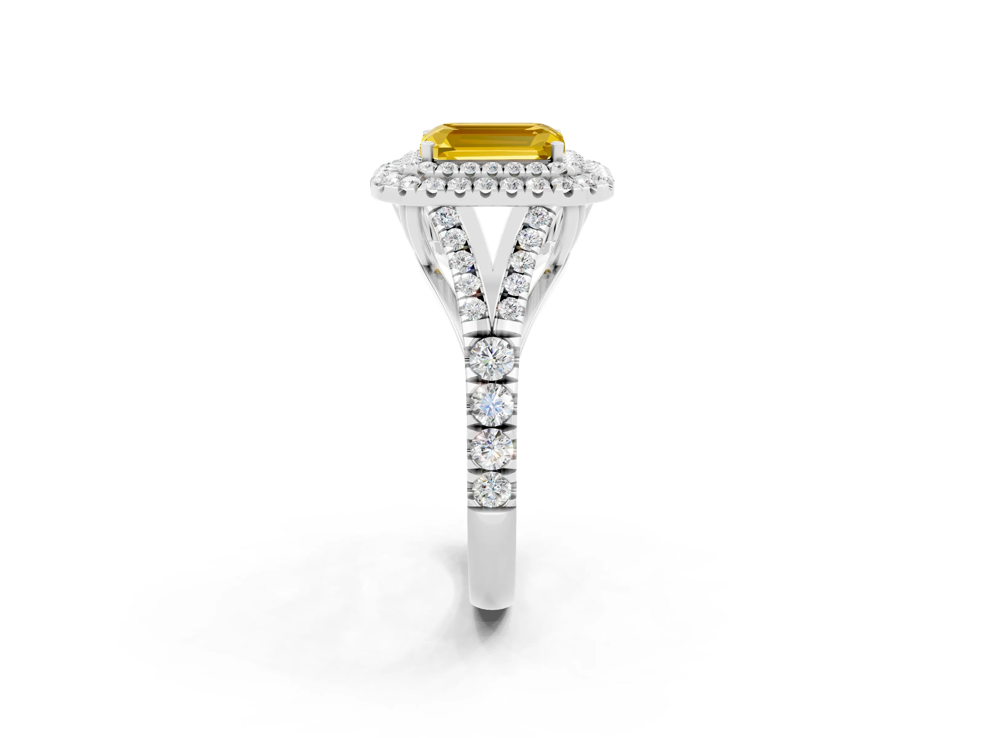 White gold Emerald Cut Yellow Sapphire Double Halo Ring with Split Shank and Prong Setting_46