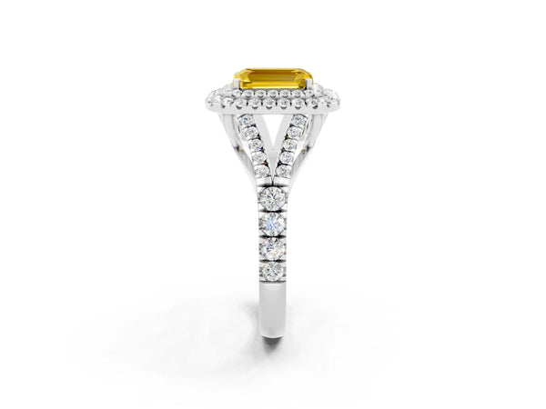 White gold Emerald Cut Yellow Sapphire Double Halo Ring with Split Shank and Prong Setting