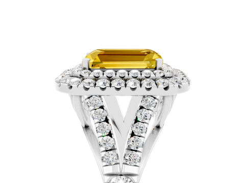 White gold Emerald Cut Yellow Sapphire Double Halo Ring with Split Shank and Prong Setting_49