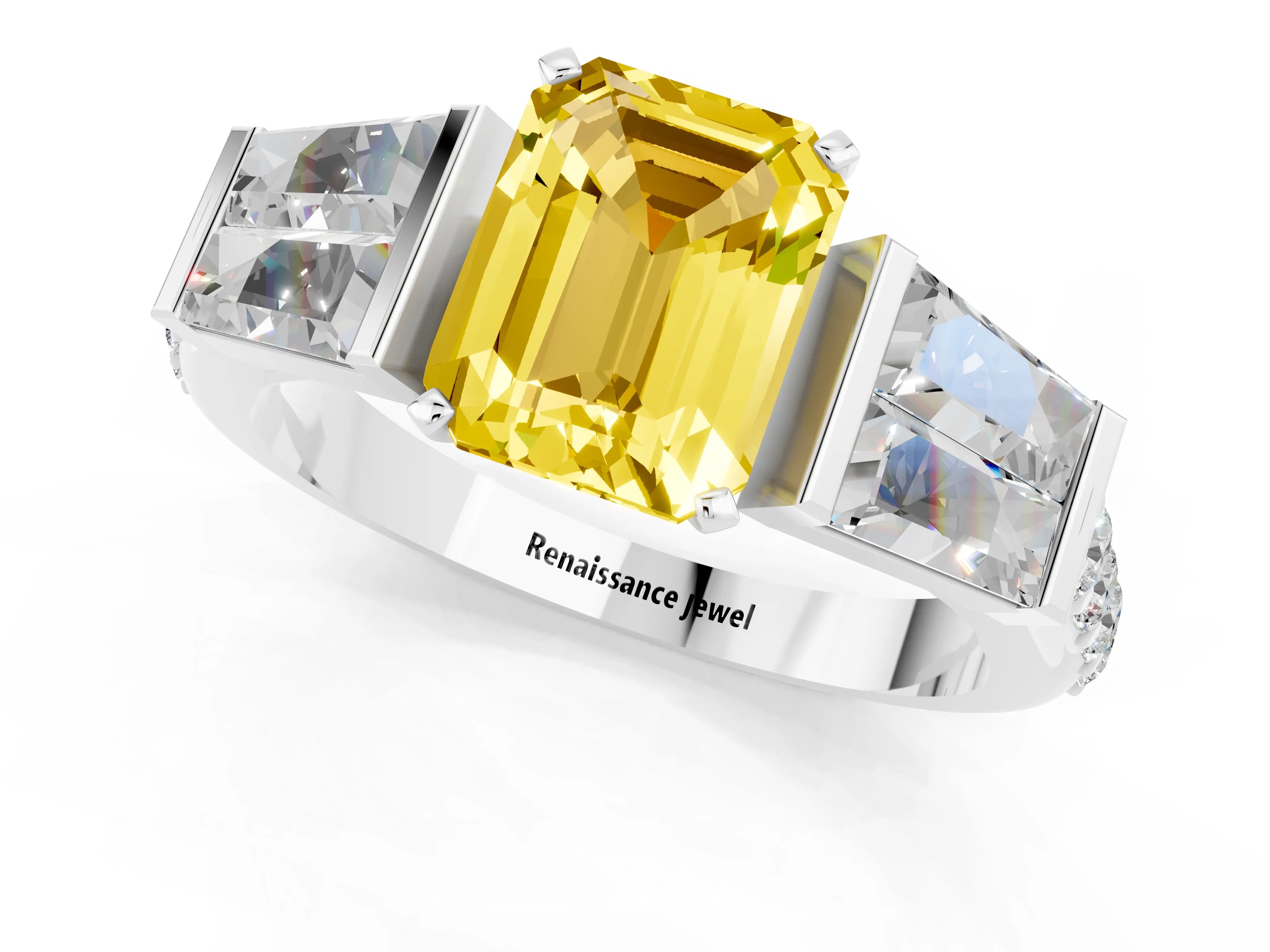 White gold Emerald Cut Yellow Sapphire Engagement Ring with Baguette Side Stones and Channel Set Band_1