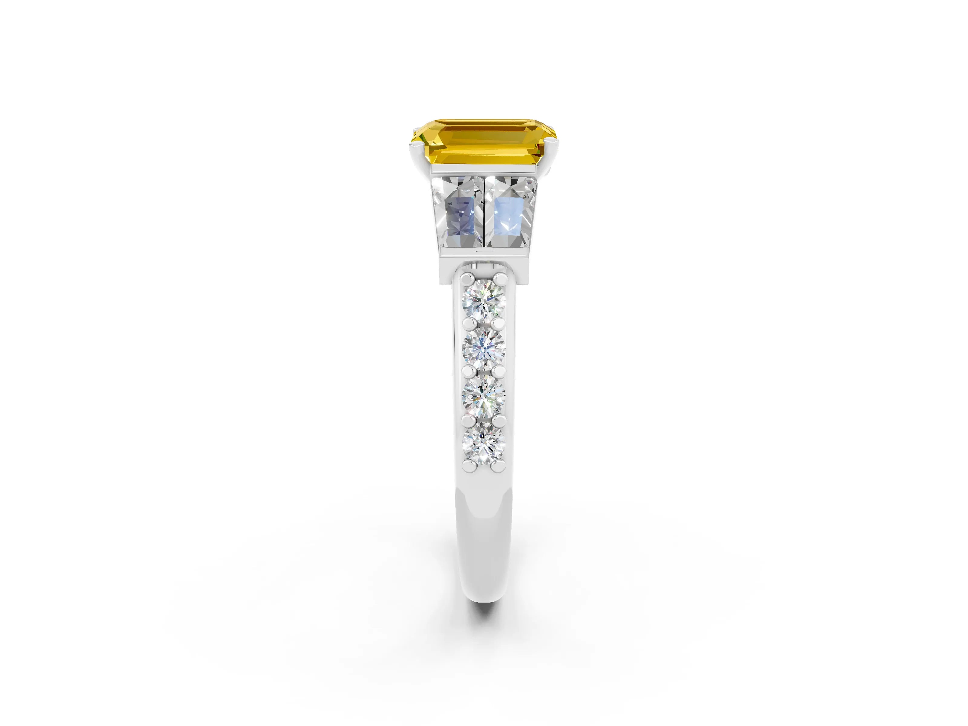 White gold Emerald Cut Yellow Sapphire Engagement Ring with Baguette Side Stones and Channel Set Band_2