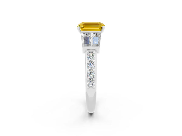 Platinum Emerald Cut Yellow Sapphire Engagement Ring with Baguette Side Stones and Channel Set Band