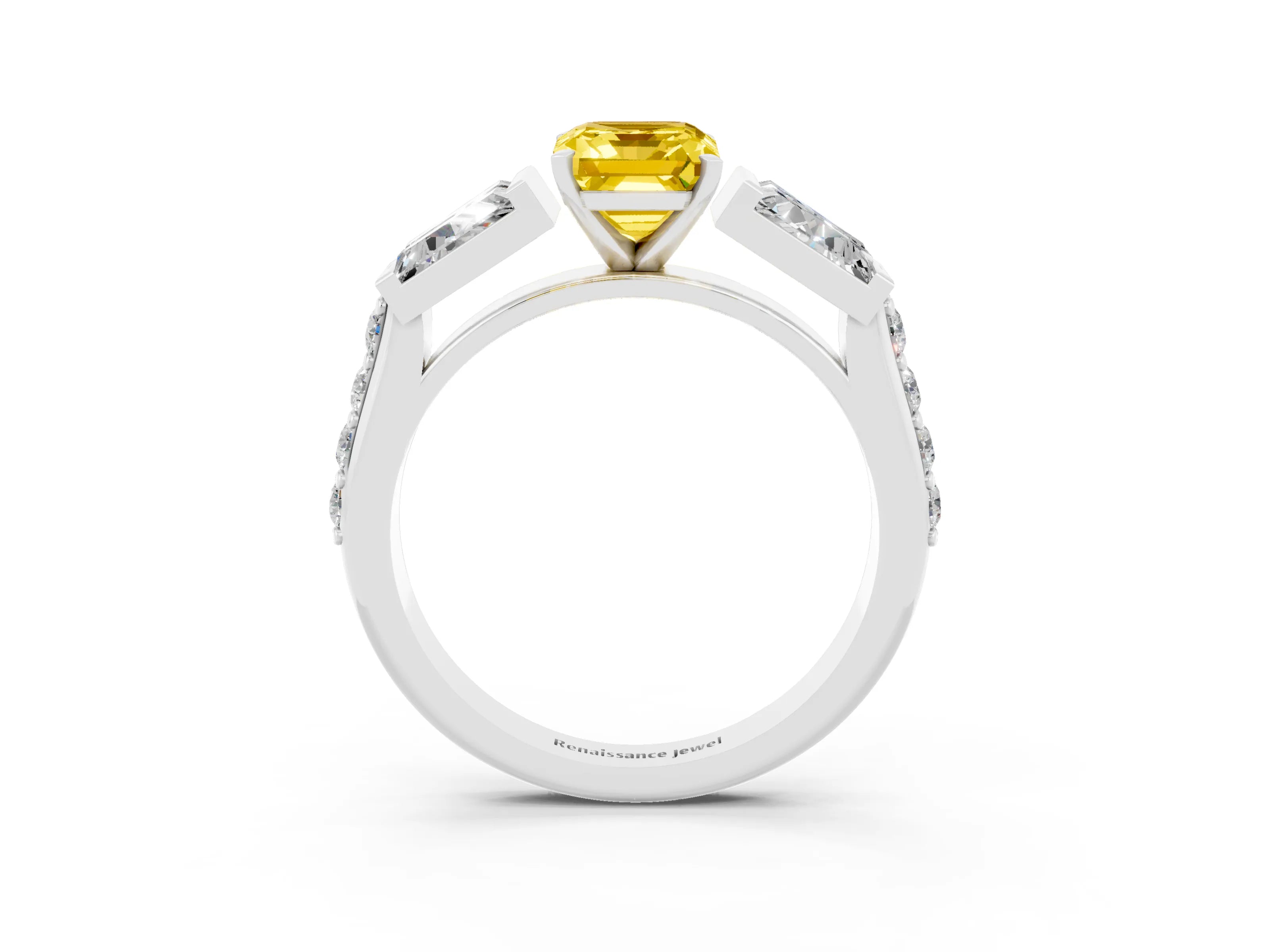 White gold Emerald Cut Yellow Sapphire Engagement Ring with Baguette Side Stones and Channel Set Band_3