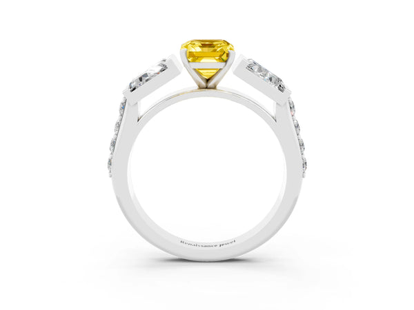 White gold Emerald Cut Yellow Sapphire Engagement Ring with Baguette Side Stones and Channel Set Band